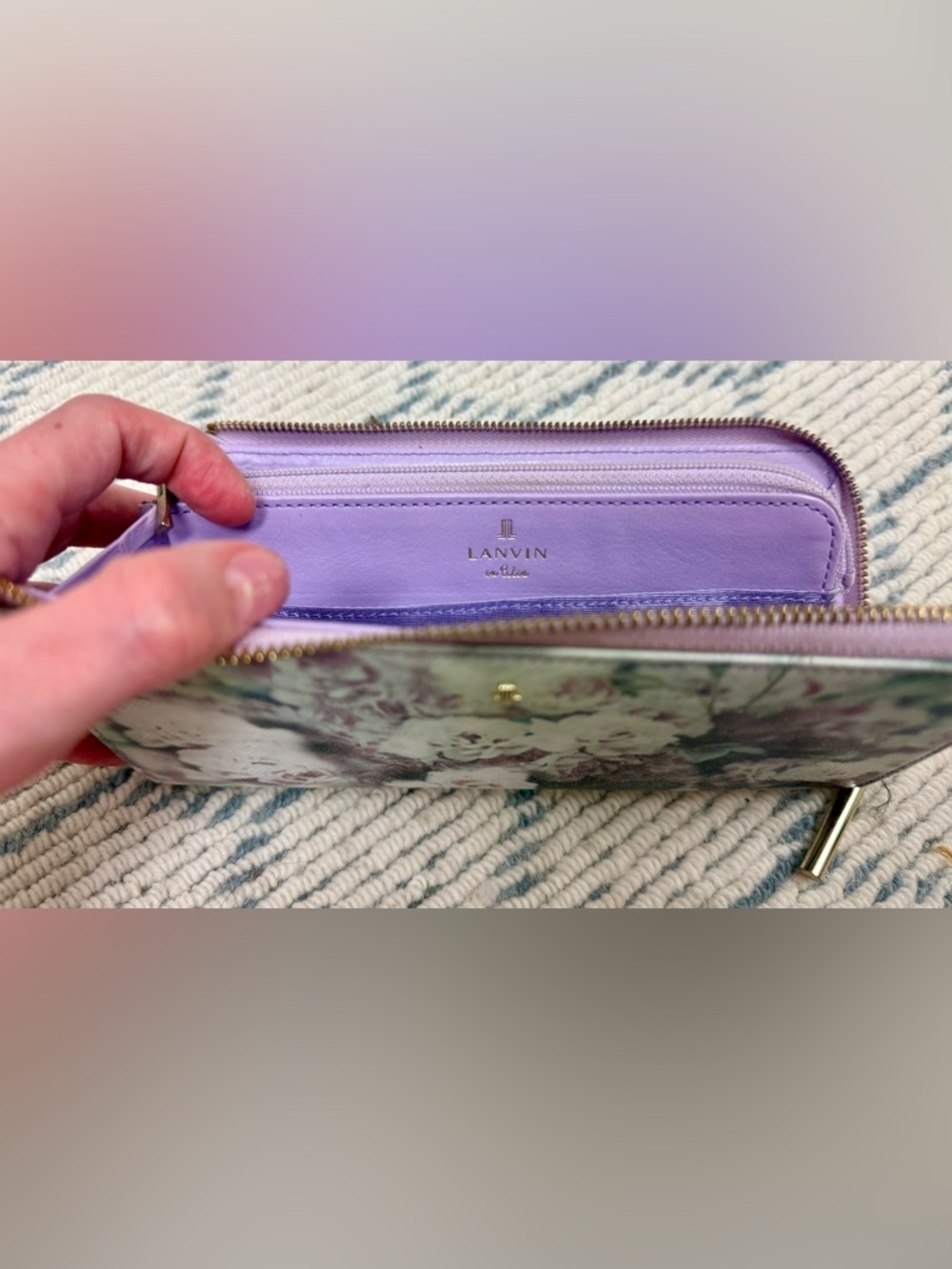 LANVIN En Bleu Lavender Floral Print Leather L-Shaped Zip Long Wallet/Clutch - Picture 15 of 16